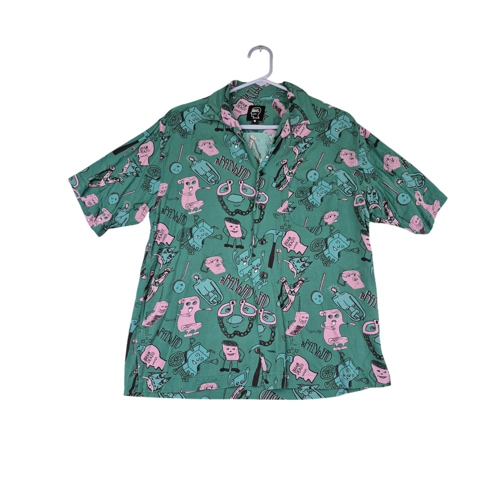 Brain Dead Mens Green Cartoon Graphic Short Sleeve Button Down Shirt Small
